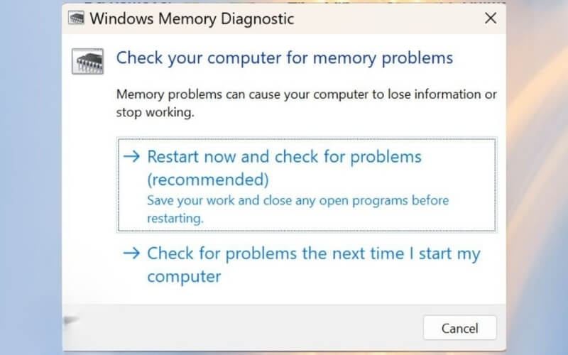 Chọn Restart now and check for problems để máy tính khởi động lại và bắt đầu quá trình quét