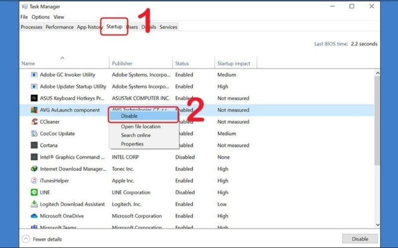 Trong tab Startup của Task Manager, tắt bớt các ứng dụng không cần thiết khởi chạy cùng Windows