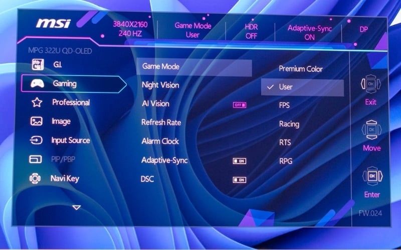 Bật Game Mode trong menu điều khiển của màn hình