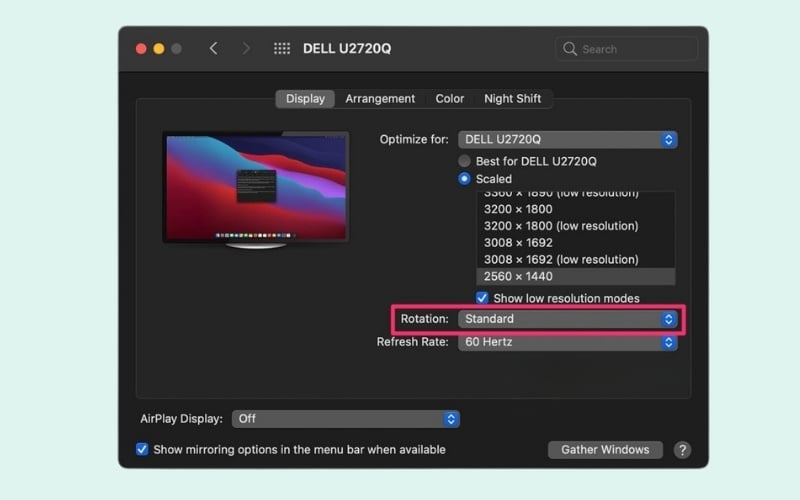 Chọn màn hình cần điều chỉnh, sau đó tìm mục Rotation