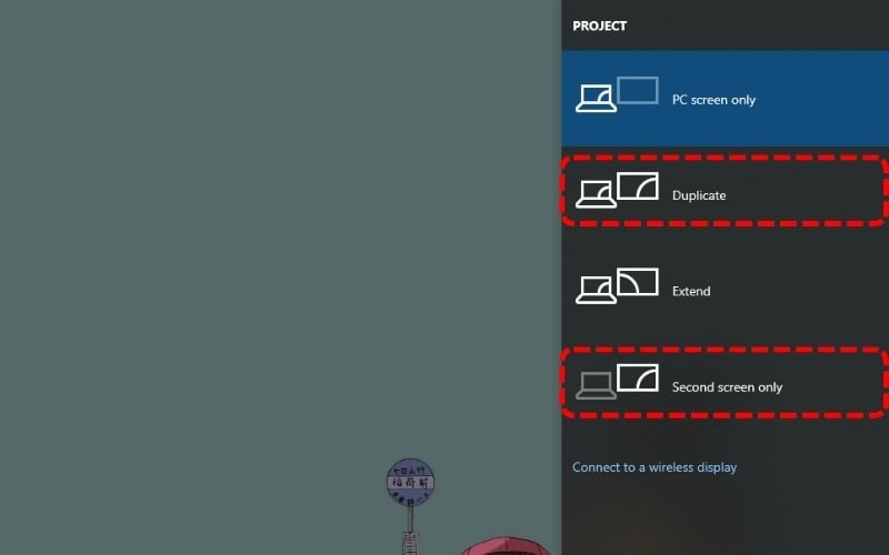 Nhấn tổ hợp phím Windows + P và chọn chế độ Duplicate hoặc Second screen only