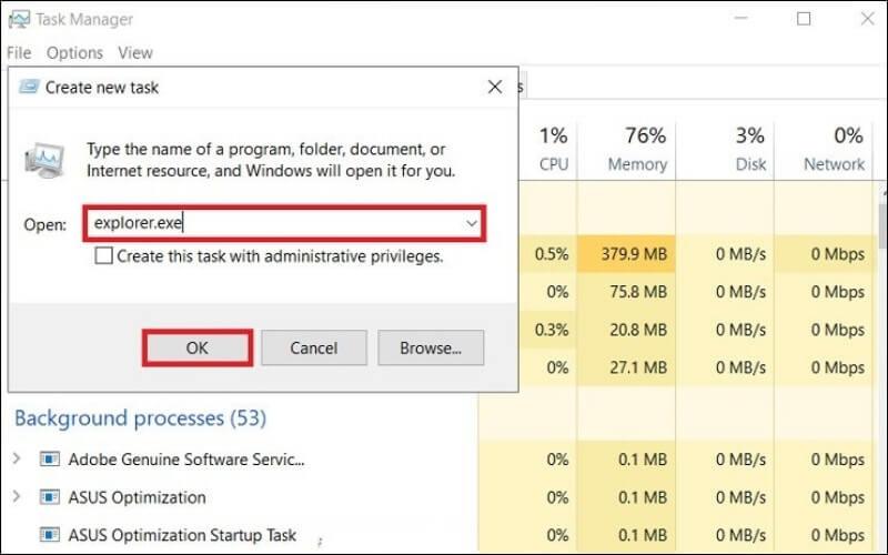 Khởi động lại tiến trình Windows Explorer