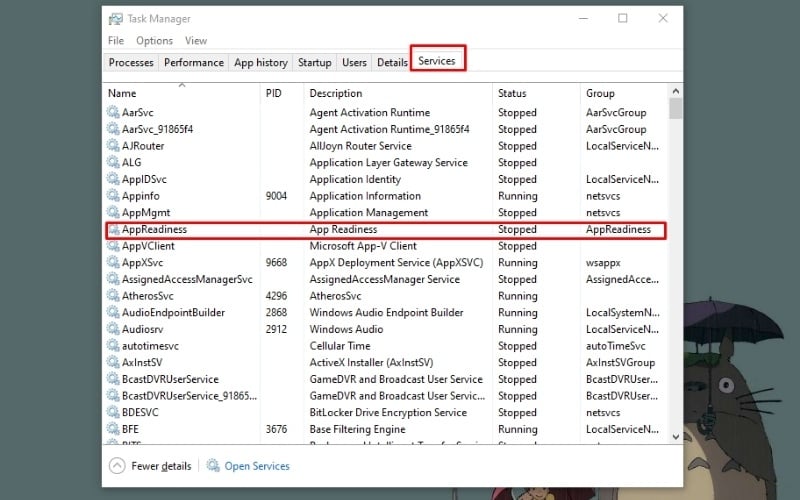 Tìm mục có tên AppReadiness trong danh sách