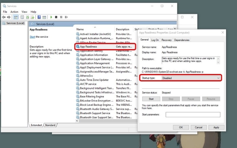 Tại mục Startup type, chọn Disabled và nhấn OK