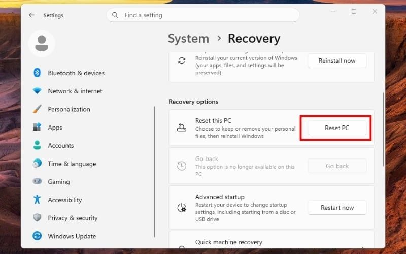 Chọn Reset PC tại mục Reset this PC