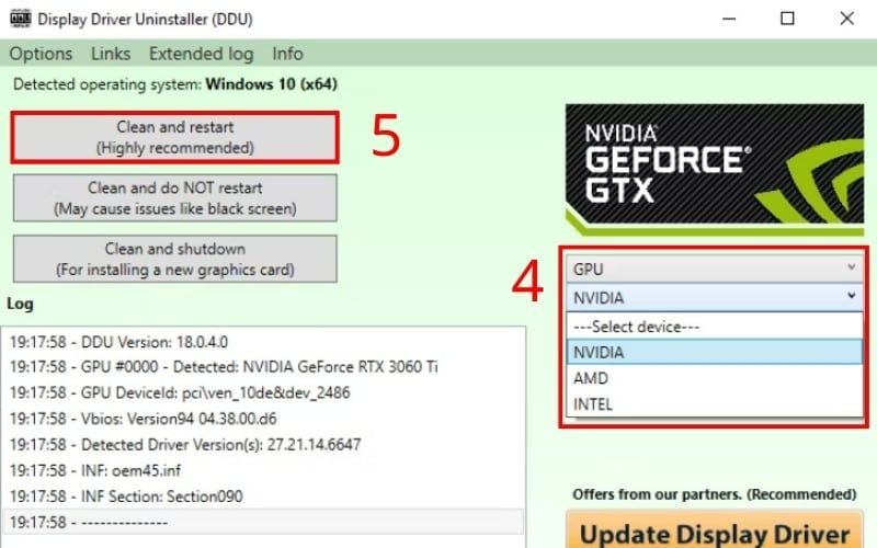 Chọn loại driver GPU rồi nhấn Clean and restart