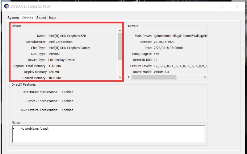 Kiểm tra card màn hình bằng cách dùng lệnh dxdiagr