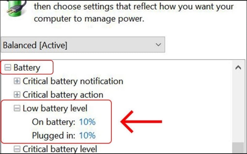 Kiểm tra và điều chỉnh lại các giá trị trong Low battery level và Critical battery level