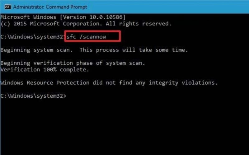 Trong cửa sổ Command Prompt, gõ lệnh sfc /scannow và nhấn Enter