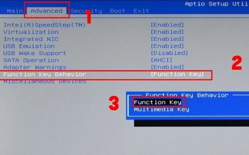 Tìm và chọn mục Function Key Behavior trong BIOS