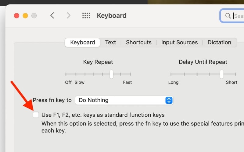 Bật mục Use F1, F2, etc. keys as standard function keys