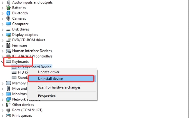 Chọn Uninstall driver HID Keyboard Device và khởi động lại máy