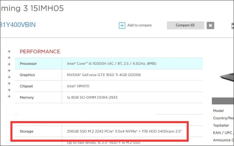 Tra cứu SSD theo model máy trên website hãng laptop
