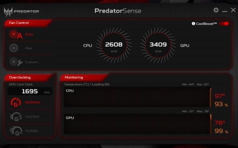 Phần mềm PredatorSense giúp theo dõi nhiệt, chỉnh RGB và ép xung dễ dàng