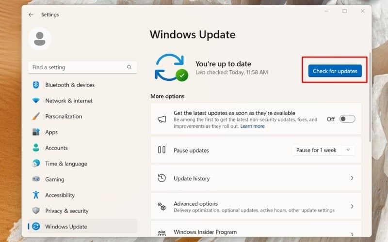 Chọn Check for updates để kiểm tra và cập nhật Windows