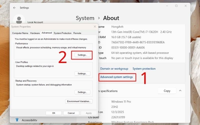 Chọn Settings tại phần Performance