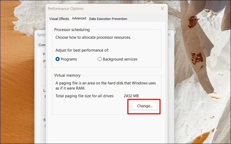Nhấn Change để thiết lập Virtual Memory trên ổ SSD
