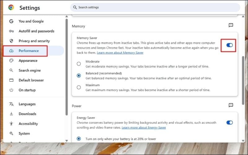Bật chế độ Memory Saver tại tab Performance