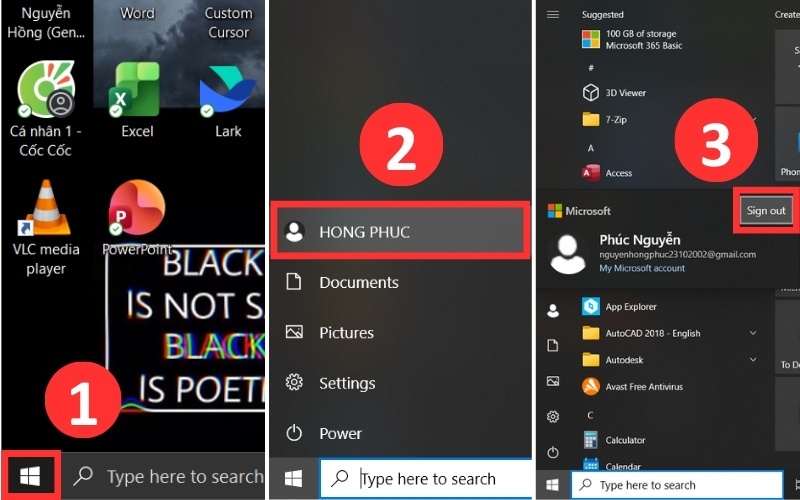 Cách đăng xuất Microsoft trên Windows 10 nhanh qua Start Menu