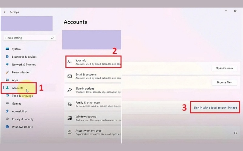 Tìm mục Account settings để chọn Sign in with a local account instead