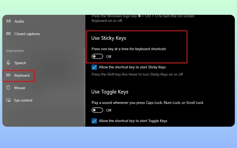 Tắt tính năng Sticky Keys