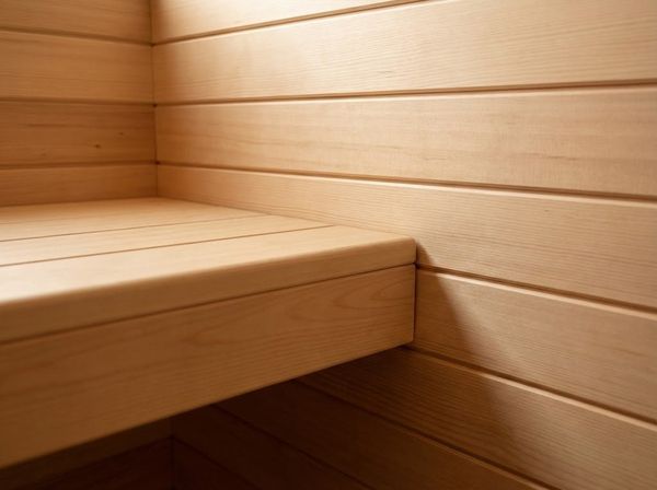 Chi tiết nội thất gỗ tối giản, tinh tế trong phòng xông hơi thiền.