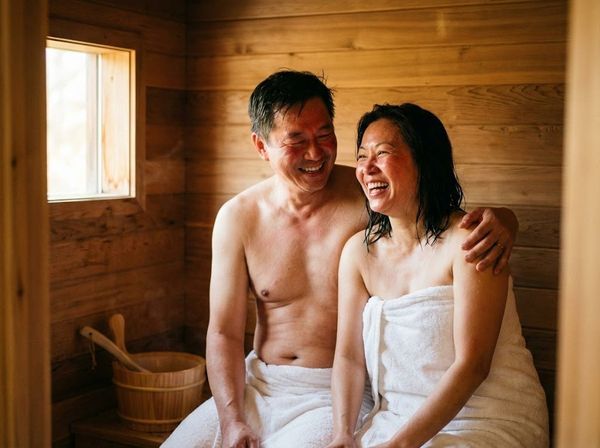 Cặp đôi Việt Nam hạnh phúc và khỏe mạnh tận hưởng văn hóa xông hơi Phần Lan.