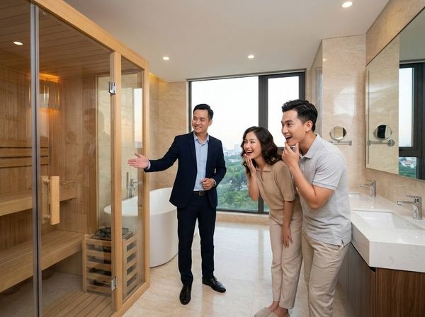 Cặp đôi người Việt thích thú khi xem ngôi nhà có lắp đặt phòng xông hơi khô sang trọng.