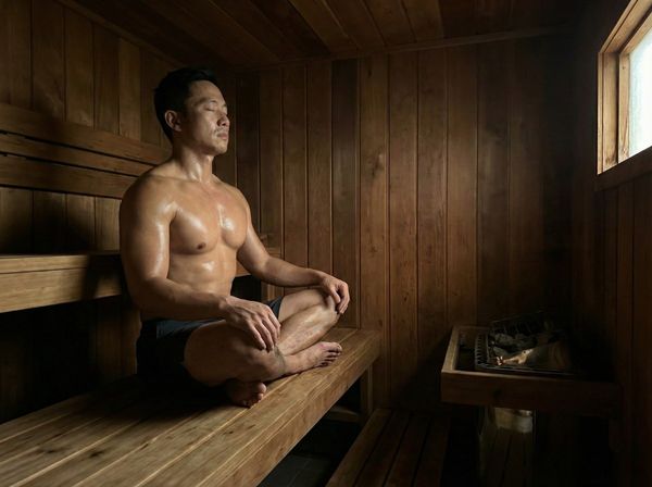 gười đàn ông thực hiện kỹ thuật thở Wim Hof tập trung cao độ trong phòng xông hơi.