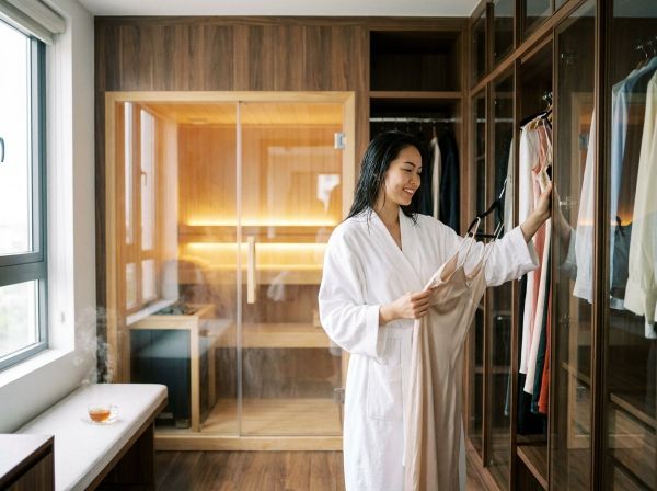 Phụ nữ Việt Nam tươi tắn chọn quần áo sau khi xông hơi buổi sáng trong phòng thay đồ.