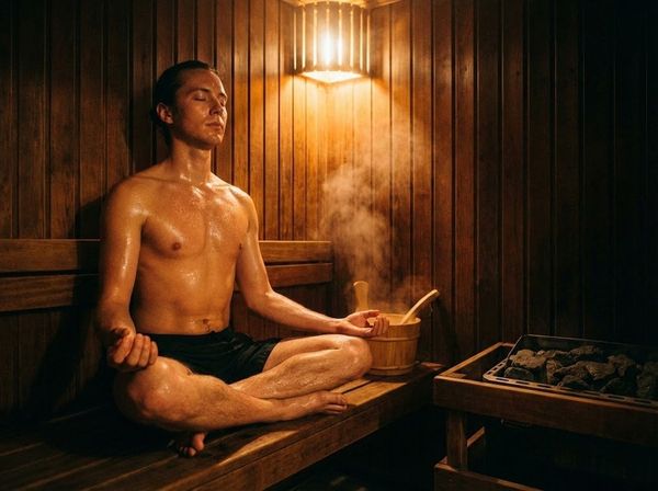 Người đang ngồi thiền tư thế hoa sen trong phòng xông hơi nóng.