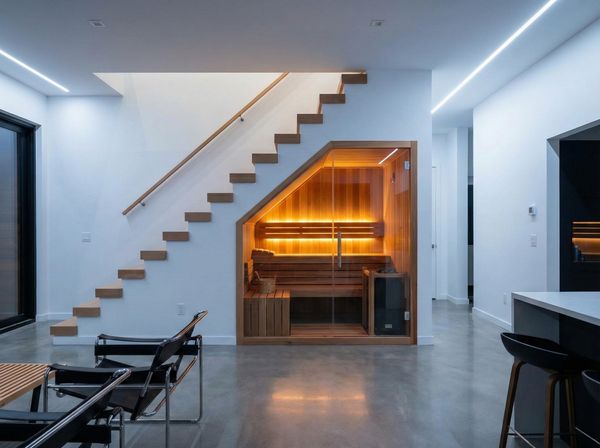 Thiết kế phòng xông hơi khô vách kính sang trọng tận dụng gầm cầu thang.