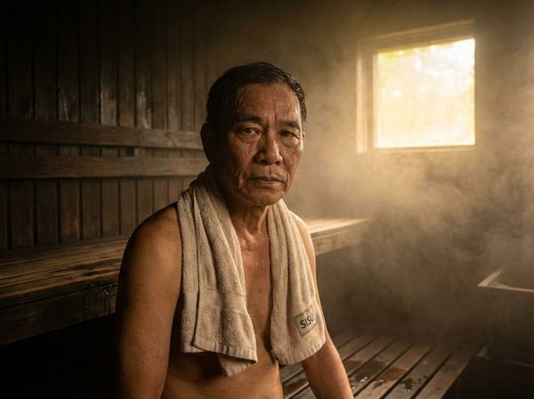 Người đàn ông Việt Nam thể hiện sự kiên định và bản lĩnh Sisu trong phòng xông hơi nóng.