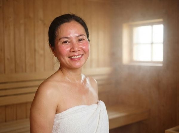 Người phụ nữ trung niên hạnh phúc và khỏe mạnh rạng rỡ sau liệu pháp xông hơi.