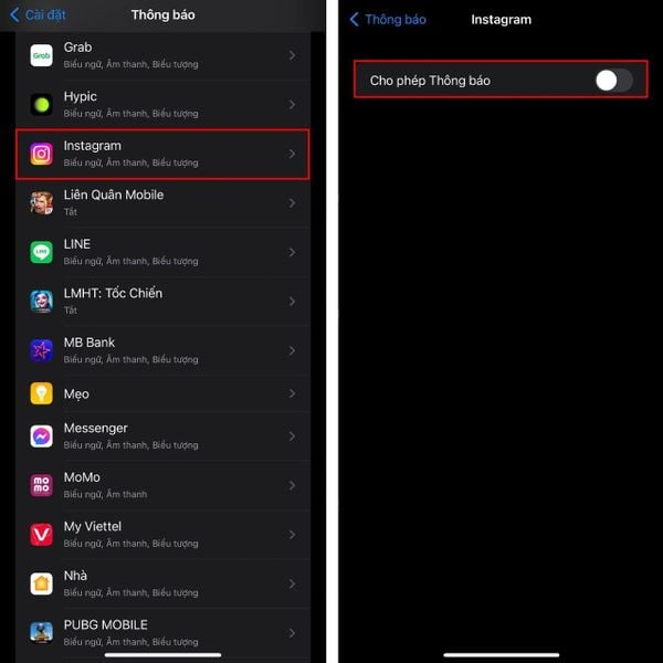 tắt thông báo Instagram