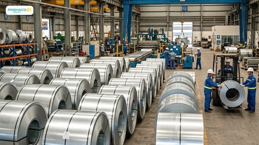 Cuộn tôn lạnh mạ hợp kim nhôm kẽm sáng bóng tại nhà máy sản xuất hiện đại