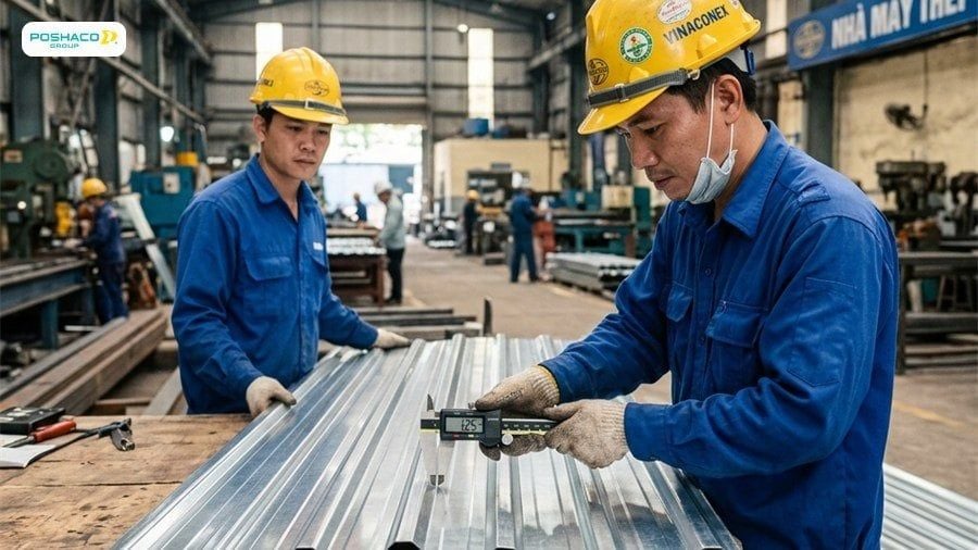 Công nhân kỹ thuật Việt Nam kiểm tra độ chuẩn xác và chất lượng của thành phẩm tôn lạnh