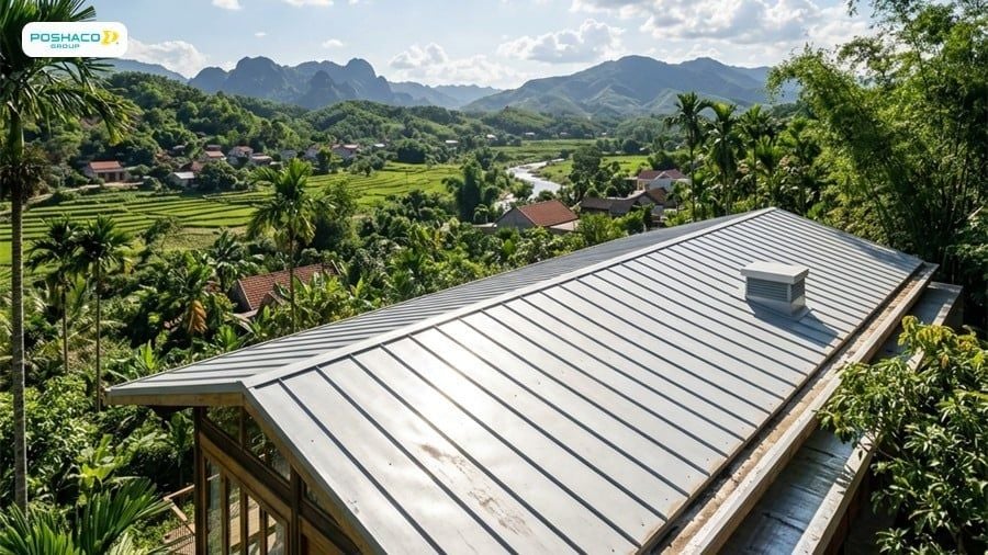 Bề mặt mái tôn cách nhiệt bền bỉ phản xạ lại ánh nắng chói chang trong thời tiết mùa hè.