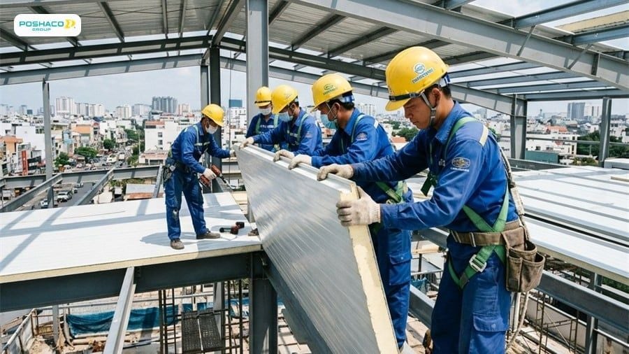 Thi công lắp đặt tôn PU cách nhiệt cho công trình lớn