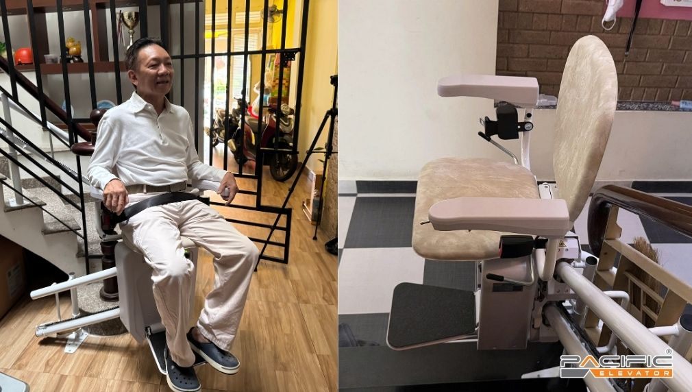 Hình ảnh người lớn sử dụng thang ghế Stairlift do Công ty Thang máy Pacific lắp đặt