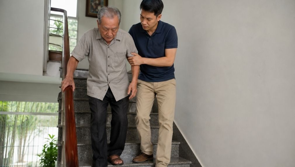 Hình ảnh minh hoạ người lớn tuổi khó khăn khi di chuyển trên cầu thang