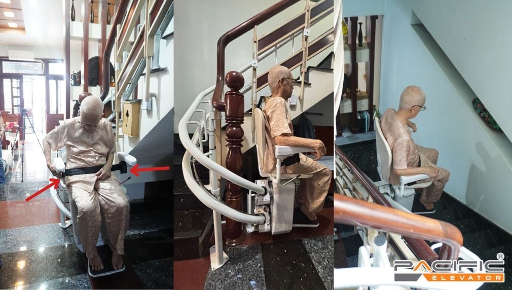Người lớn tuổi sử dụng thang ghế stairlift do Thang máy Pacific lắp đặt