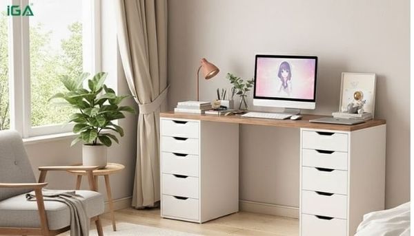 bàn làm việc có kệ sách bên hông