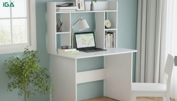bàn làm việc có kệ sách phía trên