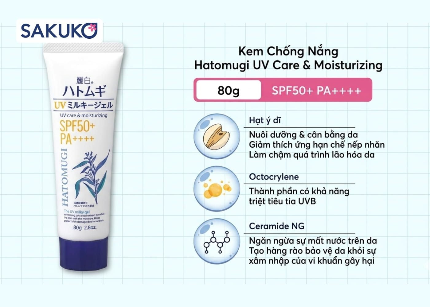 HATOMUGI - Kem chống nắng nâng tông ý dĩ SPF 50+ (70g)