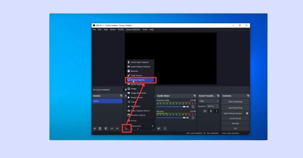chọn chế độ quay màn hình trong OBS Studio