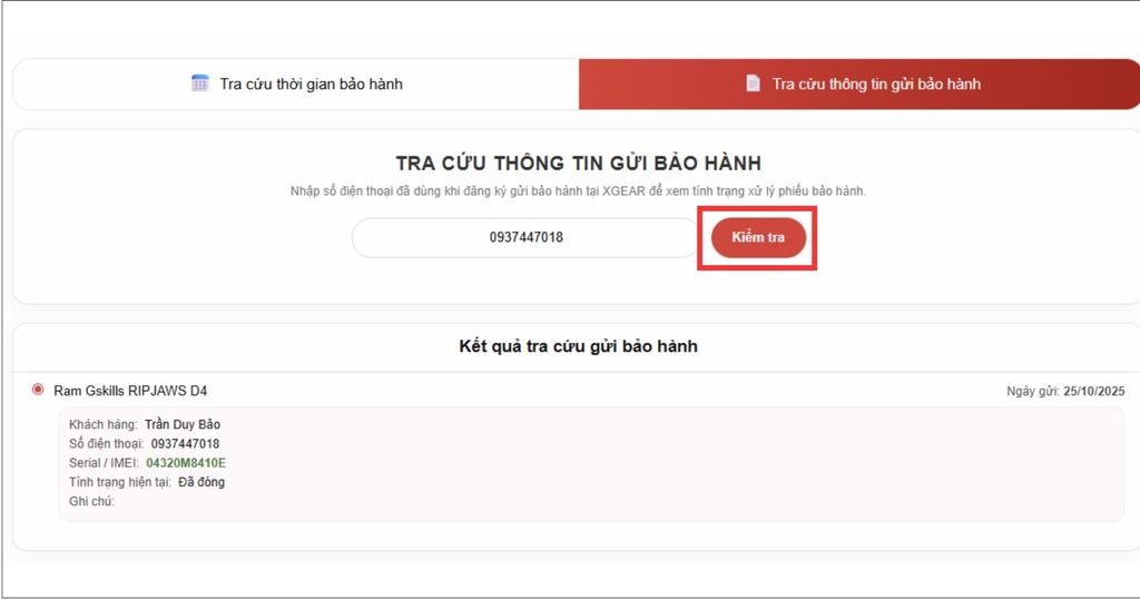 tra cứu tiến trình gửi bảo hành tại xgear