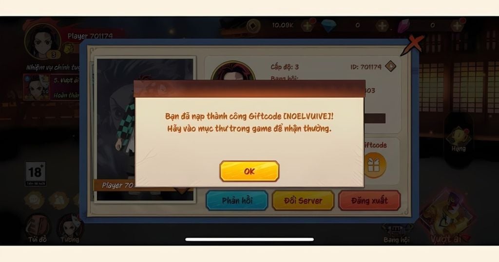 giao diện nhập code thành công sẽ hiện ra nếu code còn hạn