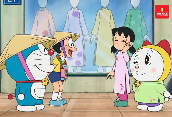 Shizuka và Doremi trông rất duyên dáng trong tà áo dài và nón lá Việt Nam