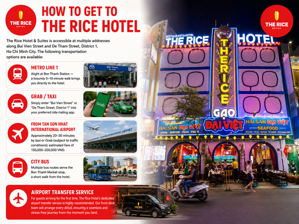 Guests can travel to The Rice Hotel using various means of transportation